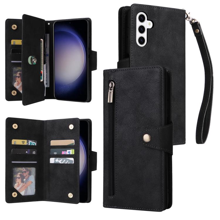 Rivet Buckle 9 Cards Three Fold Leather Phone Case, For Samsung Galaxy S26+ 5G, For Samsung Galaxy S26 Ultra 5G, For Samsung Galaxy S26 5G, For Samsung Galaxy S25 FE 5G, For Samsung Galaxy S25 Edge 5G, For Samsung Galaxy S25 5G, For Samsung Galaxy S25+...