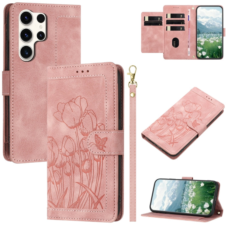 Tulips Embossed Leather Phone Case with Lanyard, For Samsung Galaxy S26+ 5G, For Samsung Galaxy S26 Edge 5G, For Samsung Galaxy S26 Ultra 5G, For Samsung Galaxy S26 5G, For Samsung Galaxy S25 Edge 5G, For Samsung Galaxy S25 5G, For Samsung Galaxy S25+ ...