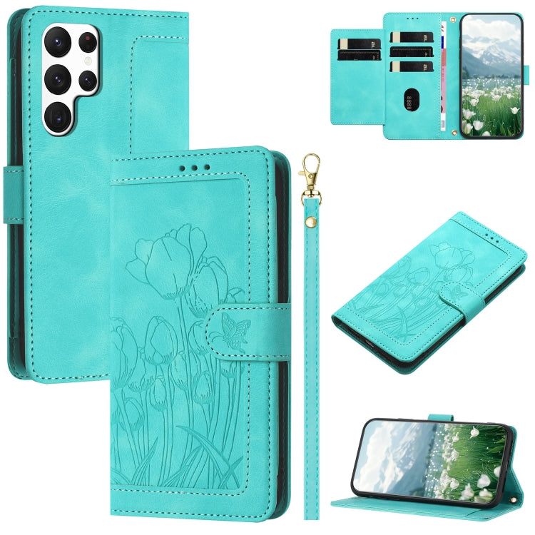 Tulips Embossed Leather Phone Case with Lanyard, For Samsung Galaxy S25+ 5G, For Samsung Galaxy S25 Ultra 5G, For Samsung Galaxy S24 FE 5G, For Samsung Galaxy S24 Ultra 5G, For Samsung Galaxy S24+ 5G, For Samsung Galaxy S24 5G                          ...