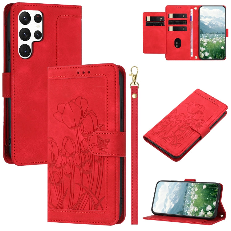 Tulips Embossed Leather Phone Case with Lanyard, For Samsung Galaxy S25+ 5G, For Samsung Galaxy S25 Ultra 5G, For Samsung Galaxy S24 FE 5G, For Samsung Galaxy S24 Ultra 5G, For Samsung Galaxy S24+ 5G, For Samsung Galaxy S24 5G                          ...