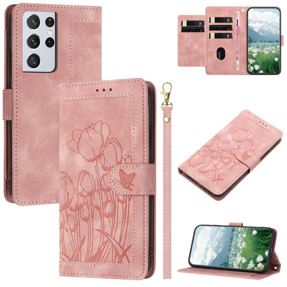 Tulips Embossed Leather Phone Case with Lanyard, For Samsung Galaxy S21+ 5G, For Samsung Galaxy S21 Ultra 5G