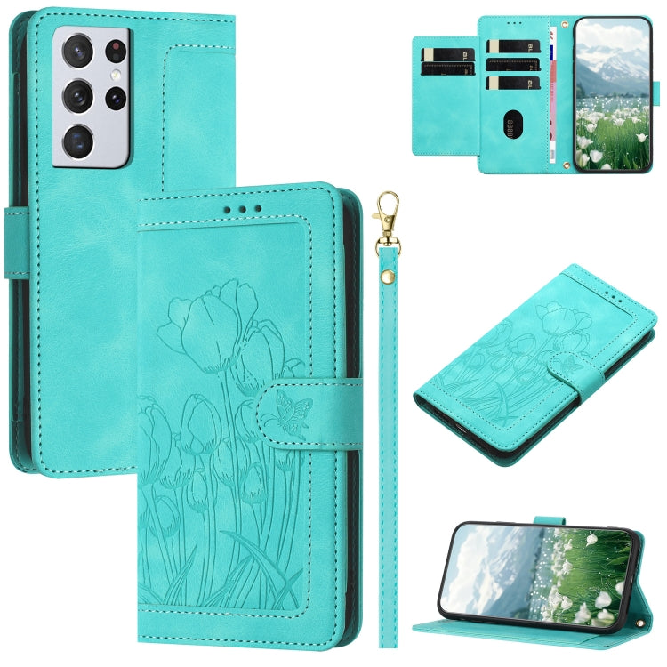 Tulips Embossed Leather Phone Case with Lanyard, For Samsung Galaxy S21+ 5G, For Samsung Galaxy S21 Ultra 5G