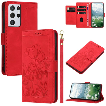 Tulips Embossed Leather Phone Case with Lanyard, For Samsung Galaxy S21+ 5G, For Samsung Galaxy S21 Ultra 5G