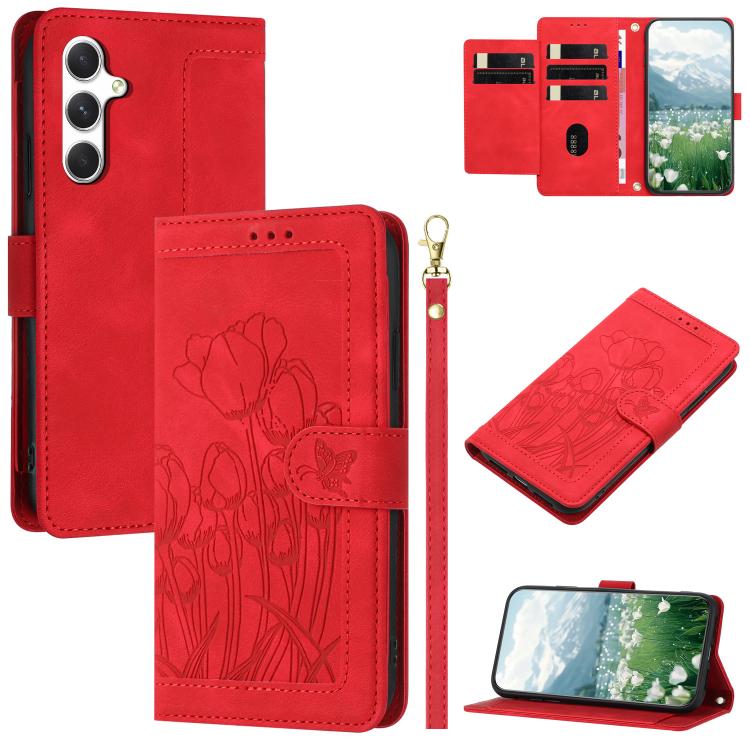 Tulips Embossed Leather Phone Case with Lanyard, For Samsung Galaxy S26+ 5G, For Samsung Galaxy S26 Edge 5G, For Samsung Galaxy S26 Ultra 5G, For Samsung Galaxy S26 5G, For Samsung Galaxy S25 Edge 5G, For Samsung Galaxy S25 5G, For Samsung Galaxy S25+ ...
