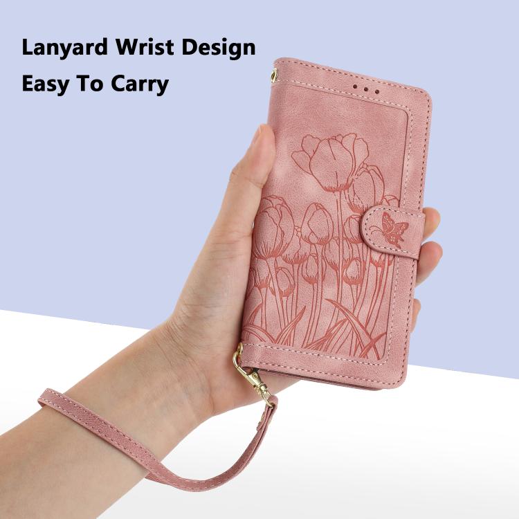 Tulips Embossed Leather Phone Case with Lanyard, For Samsung Galaxy S26 FE 5G, For Samsung Galaxy S26+ 5G, For Samsung Galaxy S26 Edge 5G, For Samsung Galaxy S26 Ultra 5G, For Samsung Galaxy S26 5G, For Samsung Galaxy S25 FE 5G                         ...
