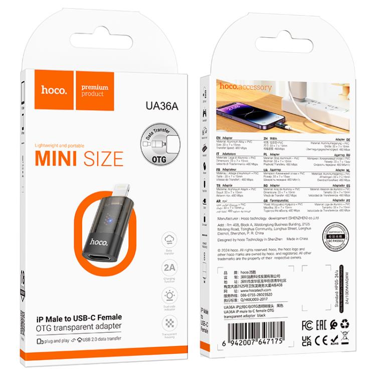 hoco UA36A 8 Pin Male to USB-C / Type-C Female OTG Transparent Adapter