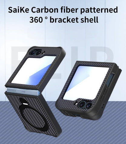 Carbon Fiber Texture 360 MagSafe Holder Phone Case, For Samsung Galaxy Z Flip7, For Samsung Galaxy Z Flip6, For Samsung Galaxy Z Flip5