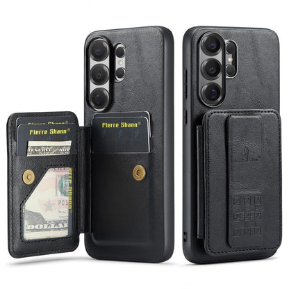 Fierre Shann FS-024 Oil Wax Cow Leather Card Holder Back Phone Case, For Samsung Galaxy S26+ 5G, For Samsung Galaxy S26 Ultra 5G, For Samsung Galaxy S26 5G, For Samsung Galaxy S25 5G, For Samsung Galaxy S25+ 5G, For Samsung Galaxy S25 Ultra 5G