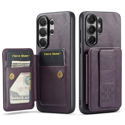 Fierre Shann FS-024 Oil Wax Cow Leather Card Holder Back Phone Case, For Samsung Galaxy S26+ 5G, For Samsung Galaxy S26 Ultra 5G, For Samsung Galaxy S26 5G, For Samsung Galaxy S25 5G, For Samsung Galaxy S25+ 5G, For Samsung Galaxy S25 Ultra 5G