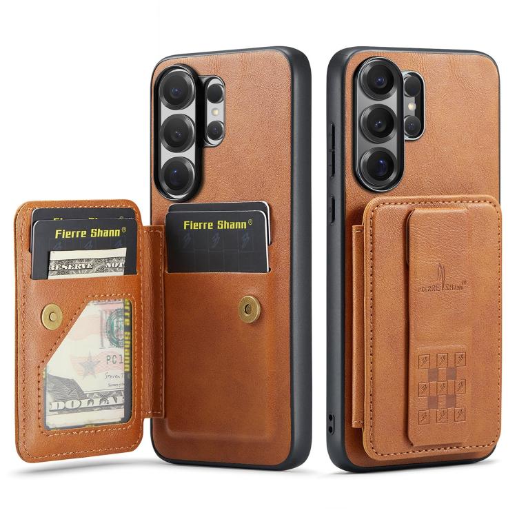 Fierre Shann FS-024 Oil Wax Cow Leather Card Holder Back Phone Case, For Samsung Galaxy S26+ 5G, For Samsung Galaxy S26 Ultra 5G, For Samsung Galaxy S26 5G, For Samsung Galaxy S25 5G, For Samsung Galaxy S25+ 5G, For Samsung Galaxy S25 Ultra 5G