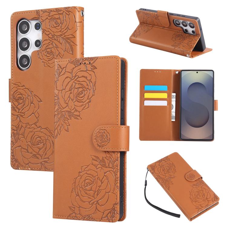 Rose Flower Embossed 3-Card Slots Leather Phone Case, For Samsung Galaxy S26+ 5G, For Samsung Galaxy S26 Ultra 5G, For Samsung Galaxy S26 5G, For Samsung Galaxy S25 FE 5G, For Samsung Galaxy S25 Edge 5G, For Samsung Galaxy S25 / S24 5G                 ...