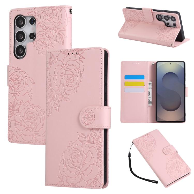 Rose Flower Embossed 3-Card Slots Leather Phone Case, For Samsung Galaxy S26+ 5G, For Samsung Galaxy S26 Ultra 5G, For Samsung Galaxy S26 5G, For Samsung Galaxy S25 FE 5G, For Samsung Galaxy S25 Edge 5G, For Samsung Galaxy S25 / S24 5G                 ...
