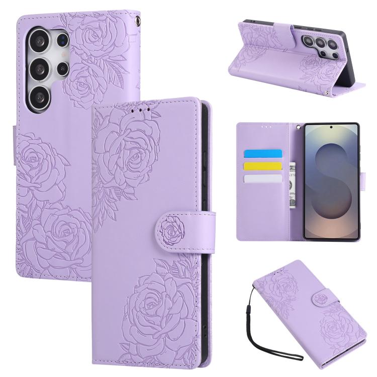 Rose Flower Embossed 3-Card Slots Leather Phone Case, For Samsung Galaxy S26+ 5G, For Samsung Galaxy S26 Ultra 5G, For Samsung Galaxy S26 5G, For Samsung Galaxy S25 FE 5G, For Samsung Galaxy S25 Edge 5G, For Samsung Galaxy S25 / S24 5G                 ...