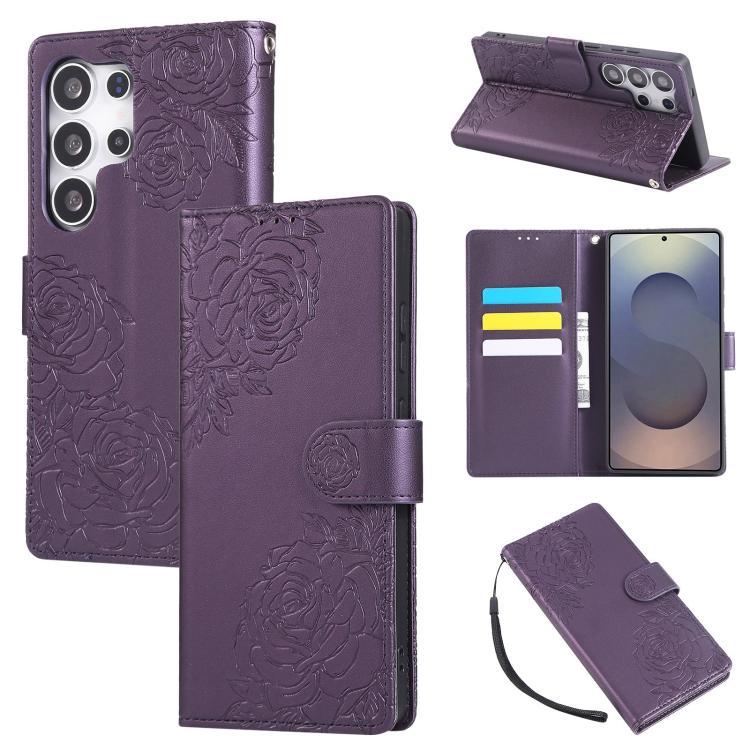 Rose Flower Embossed 3-Card Slots Leather Phone Case, For Samsung Galaxy S26+ 5G, For Samsung Galaxy S26 Ultra 5G, For Samsung Galaxy S26 5G, For Samsung Galaxy S25 FE 5G, For Samsung Galaxy S25 Edge 5G, For Samsung Galaxy S25 / S24 5G                 ...