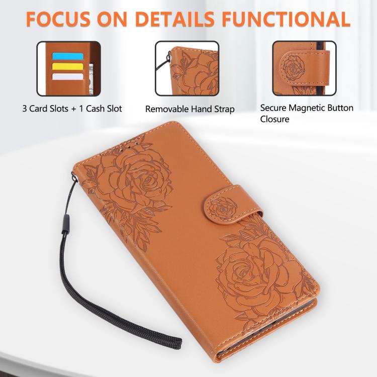 Rose Flower Embossed 3-Card Slots Leather Phone Case, For Samsung Galaxy S24 Ultra 5G, For Samsung Galaxy S23 FE 5G, For Samsung Galaxy S23 Ultra 5G, For Samsung Galaxy S23+ 5G, For Samsung Galaxy S23 5G, For Samsung Galaxy S22 Ultra 5G                ...