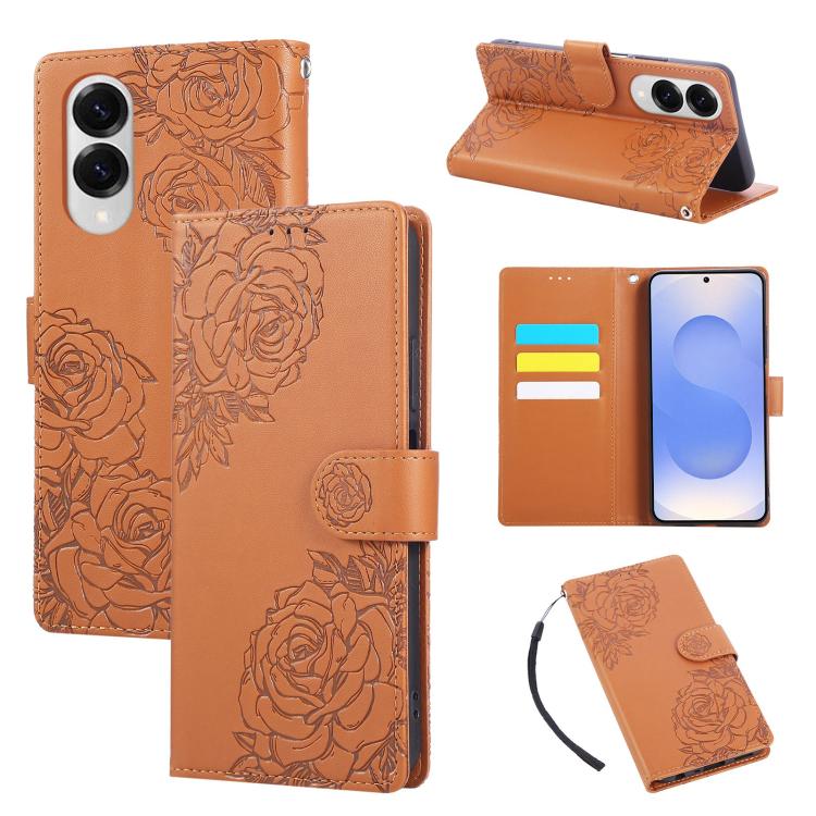 Rose Flower Embossed 3-Card Slots Leather Phone Case, For Samsung Galaxy S26+ 5G, For Samsung Galaxy S26 Ultra 5G, For Samsung Galaxy S26 5G, For Samsung Galaxy S25 FE 5G, For Samsung Galaxy S25 Edge 5G, For Samsung Galaxy S25 / S24 5G                 ...