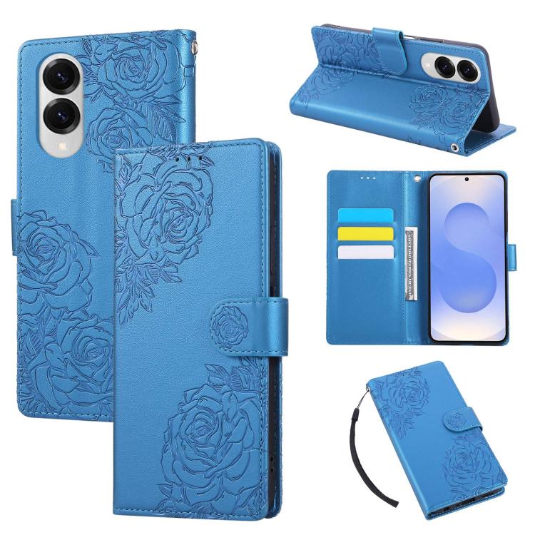 Rose Flower Embossed 3-Card Slots Leather Phone Case, For Samsung Galaxy S26+ 5G, For Samsung Galaxy S26 Ultra 5G, For Samsung Galaxy S26 5G, For Samsung Galaxy S25 FE 5G, For Samsung Galaxy S25 Edge 5G, For Samsung Galaxy S25 / S24 5G                 ...