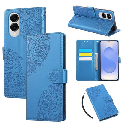 Rose Flower Embossed 3-Card Slots Leather Phone Case, For Samsung Galaxy S26+ 5G, For Samsung Galaxy S26 Ultra 5G, For Samsung Galaxy S26 5G, For Samsung Galaxy S25 FE 5G, For Samsung Galaxy S25 Edge 5G, For Samsung Galaxy S25 / S24 5G                 ...