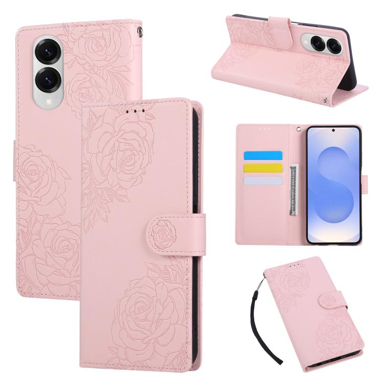 Rose Flower Embossed 3-Card Slots Leather Phone Case, For Samsung Galaxy S26+ 5G, For Samsung Galaxy S26 Ultra 5G, For Samsung Galaxy S26 5G, For Samsung Galaxy S25 FE 5G, For Samsung Galaxy S25 Edge 5G, For Samsung Galaxy S25 / S24 5G                 ...