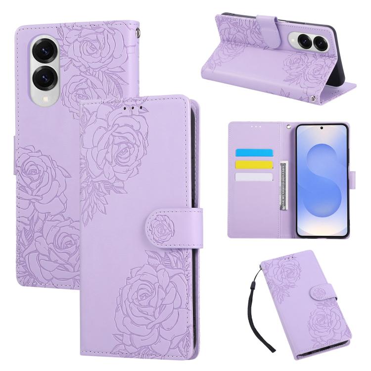 Rose Flower Embossed 3-Card Slots Leather Phone Case, For Samsung Galaxy S26+ 5G, For Samsung Galaxy S26 Ultra 5G, For Samsung Galaxy S26 5G, For Samsung Galaxy S25 FE 5G, For Samsung Galaxy S25 Edge 5G, For Samsung Galaxy S25 / S24 5G                 ...