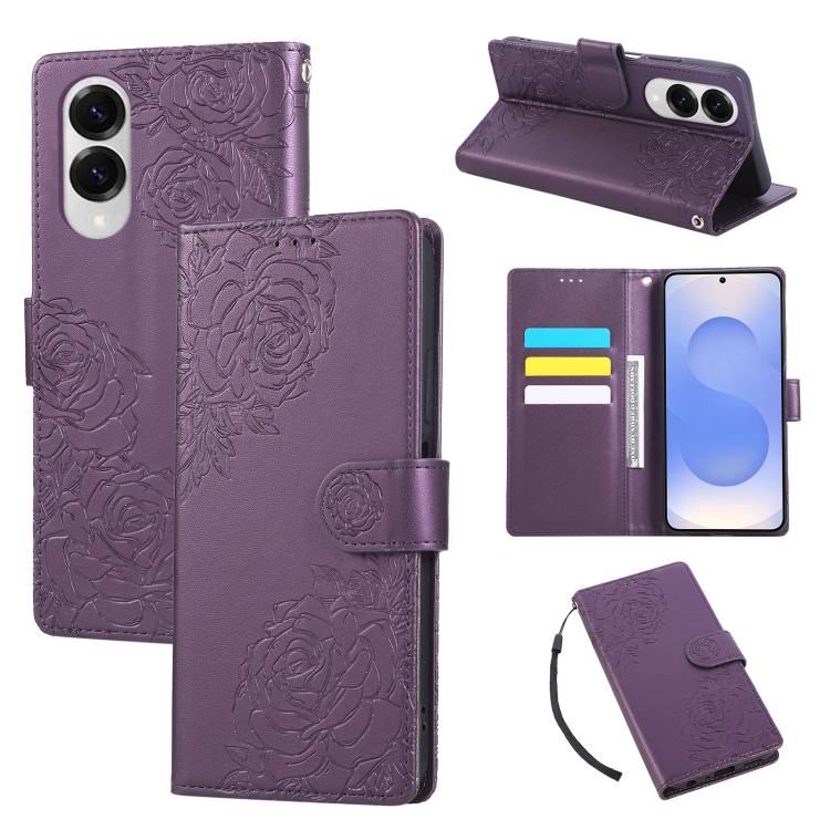 Rose Flower Embossed 3-Card Slots Leather Phone Case, For Samsung Galaxy S26+ 5G, For Samsung Galaxy S26 Ultra 5G, For Samsung Galaxy S26 5G, For Samsung Galaxy S25 FE 5G, For Samsung Galaxy S25 Edge 5G, For Samsung Galaxy S25 / S24 5G                 ...