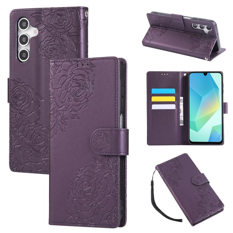 Rose Flower Embossed 3-Card Slots Leather Phone Case, For Samsung Galaxy S26+ 5G, For Samsung Galaxy S26 Ultra 5G, For Samsung Galaxy S26 5G, For Samsung Galaxy S25 FE 5G, For Samsung Galaxy S25 Edge 5G, For Samsung Galaxy S25 / S24 5G                 ...