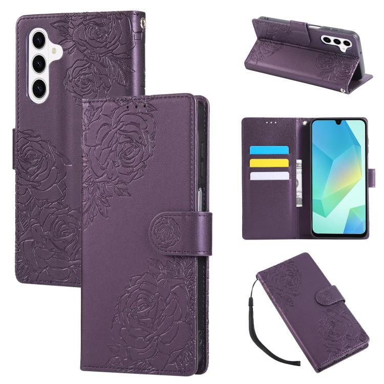 Rose Flower Embossed 3-Card Slots Leather Phone Case, For Samsung Galaxy S26+ 5G, For Samsung Galaxy S26 Ultra 5G, For Samsung Galaxy S26 5G, For Samsung Galaxy S25 FE 5G, For Samsung Galaxy S25 Edge 5G, For Samsung Galaxy S25 / S24 5G                 ...