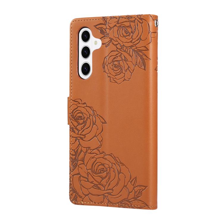 Rose Flower Embossed 3-Card Slots Leather Phone Case, For Samsung Galaxy S26+ 5G, For Samsung Galaxy S26 Ultra 5G, For Samsung Galaxy S26 5G, For Samsung Galaxy S25 FE 5G, For Samsung Galaxy S25 Edge 5G, For Samsung Galaxy S25 / S24 5G                 ...