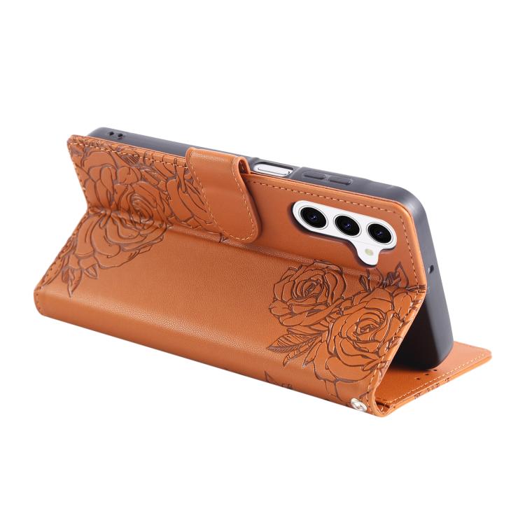Rose Flower Embossed 3-Card Slots Leather Phone Case, For Samsung Galaxy S26+ 5G, For Samsung Galaxy S26 Ultra 5G, For Samsung Galaxy S26 5G, For Samsung Galaxy S25 FE 5G, For Samsung Galaxy S25 Edge 5G, For Samsung Galaxy S25 / S24 5G                 ...