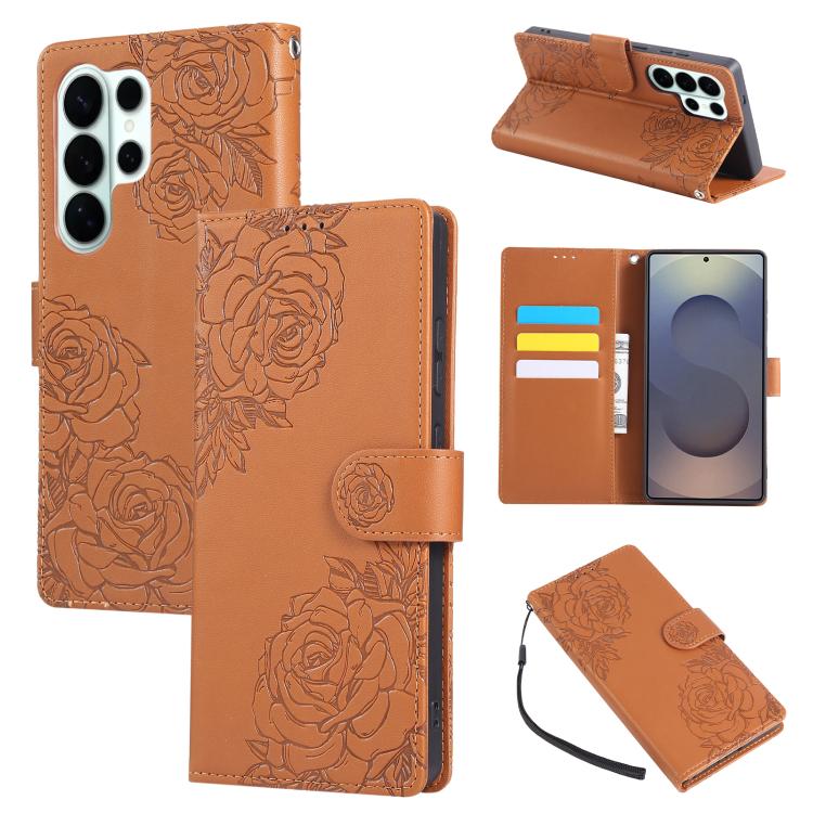 Rose Flower Embossed 3-Card Slots Leather Phone Case, For Samsung Galaxy S26+ 5G, For Samsung Galaxy S26 Ultra 5G, For Samsung Galaxy S26 5G, For Samsung Galaxy S25 FE 5G, For Samsung Galaxy S25 Edge 5G, For Samsung Galaxy S25 / S24 5G                 ...