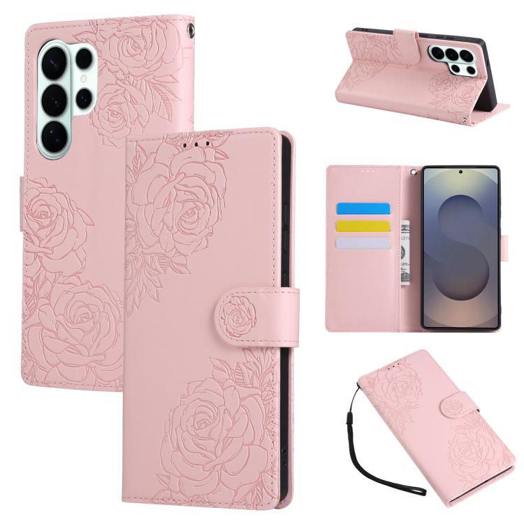 Rose Flower Embossed 3-Card Slots Leather Phone Case, For Samsung Galaxy S26+ 5G, For Samsung Galaxy S26 Ultra 5G, For Samsung Galaxy S26 5G, For Samsung Galaxy S25 FE 5G, For Samsung Galaxy S25 Edge 5G, For Samsung Galaxy S25 / S24 5G                 ...