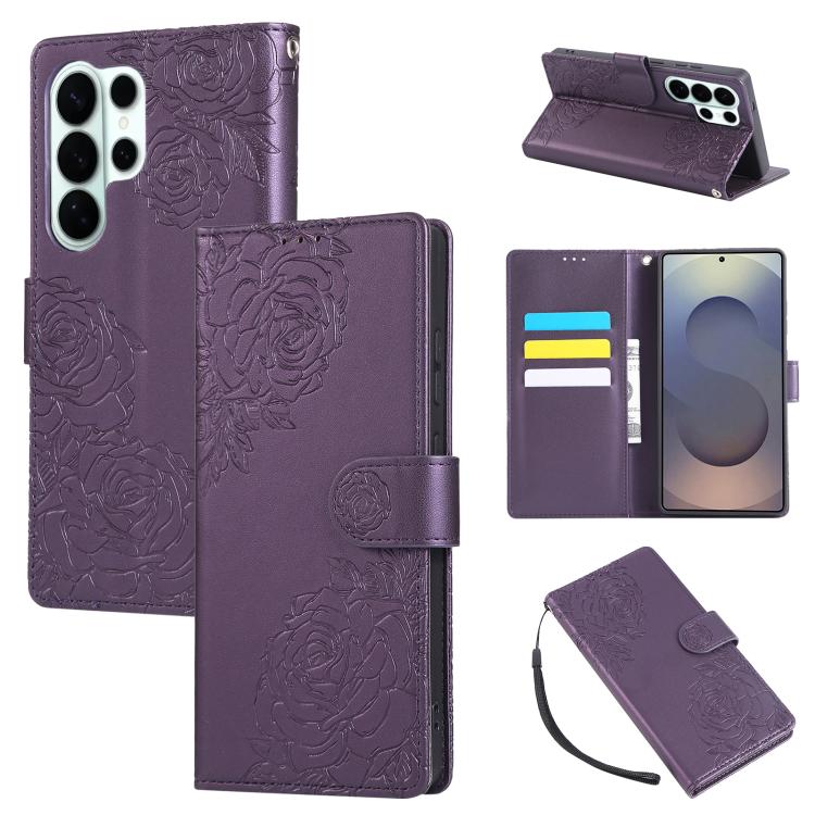Rose Flower Embossed 3-Card Slots Leather Phone Case, For Samsung Galaxy S26+ 5G, For Samsung Galaxy S26 Ultra 5G, For Samsung Galaxy S26 5G, For Samsung Galaxy S25 FE 5G, For Samsung Galaxy S25 Edge 5G, For Samsung Galaxy S25 / S24 5G                 ...