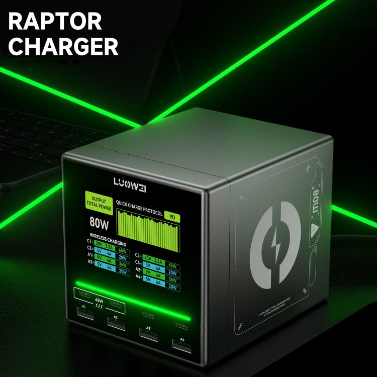 LUOWEI LW-U1 Mini 80W Raptor 8 Ports USB Type-C Color Screen Charger Station