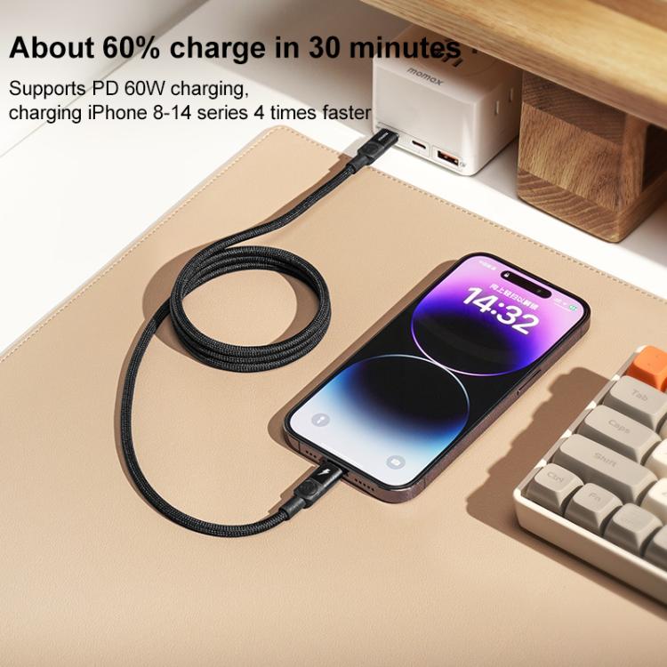 MOMAX DL57D Mag.Link 60W Type-C to 8 Pin Magnetic Braided Fast Charging Data Cable, Length:1m