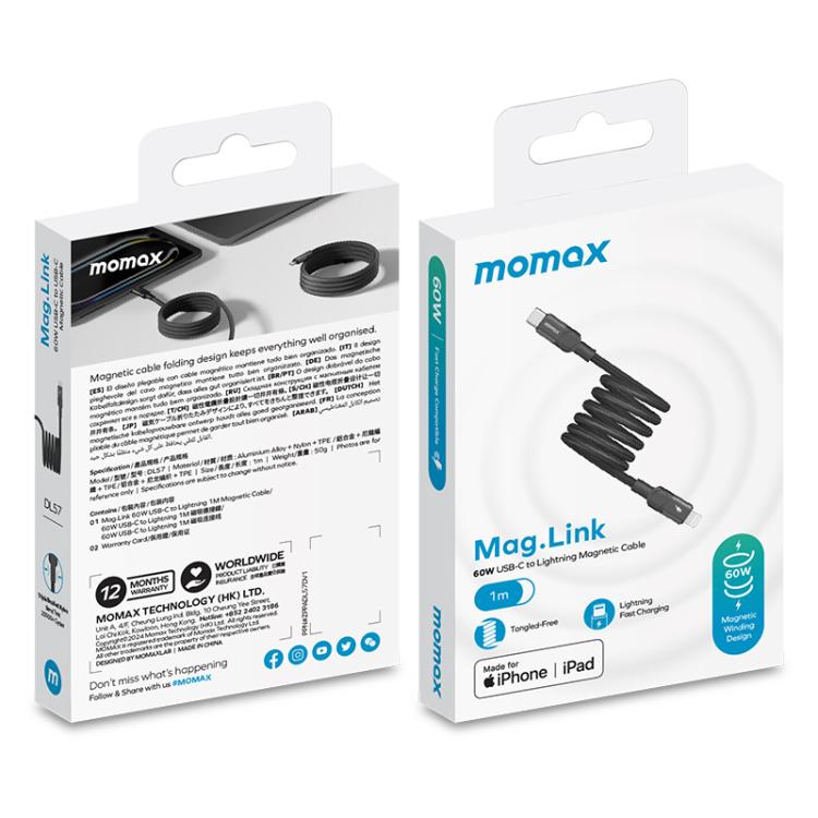 MOMAX DL57D Mag.Link 60W Type-C to 8 Pin Magnetic Braided Fast Charging Data Cable, Length:1m
