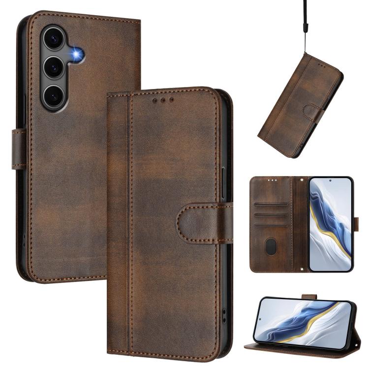 Line Splicing Buckle Retro Leather Phone Case, For Galaxy S26 FE 5G, For Samsung Galaxy S26 Ultra 5G, For Samsung Galaxy S26+ 5G, For Samsung Galaxy S25 Edge 5G, For Samsung Galaxy S25 / S24 5G, For Samsung Galaxy S25+ / S24+ 5G