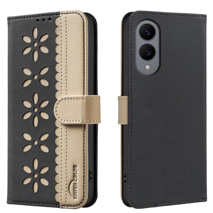 Splicing Color Hollow Flower Pattern RFID Leather Phone Case, For Samsung Galaxy S26 Ultra 5G, For Samsung Galaxy S26 5G, For Samsung Galaxy S25 FE 5G, For Samsung Galaxy S25 Edge 5G, For Samsung Galaxy S25 / S24 5G, For Samsung Galaxy S25+ / S24+ 5G  ...
