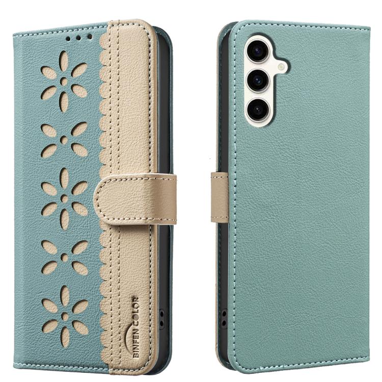 Splicing Color Hollow Flower Pattern RFID Leather Phone Case, For Samsung Galaxy S26 Ultra 5G, For Samsung Galaxy S26 5G, For Samsung Galaxy S25 FE 5G, For Samsung Galaxy S25 Edge 5G, For Samsung Galaxy S25 / S24 5G, For Samsung Galaxy S25+ / S24+ 5G  ...