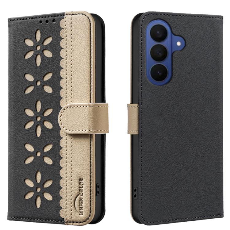 Splicing Color Hollow Flower Pattern RFID Leather Phone Case, For Samsung Galaxy S26 Ultra 5G, For Samsung Galaxy S26 5G, For Samsung Galaxy S25 FE 5G, For Samsung Galaxy S25 Edge 5G, For Samsung Galaxy S25 / S24 5G, For Samsung Galaxy S25+ / S24+ 5G  ...