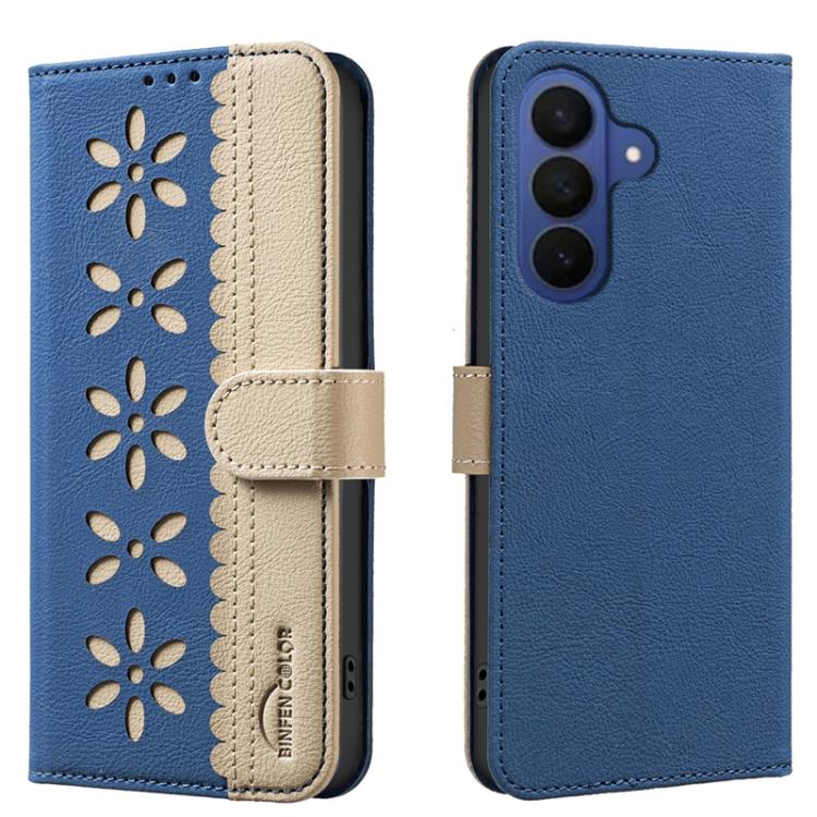 Splicing Color Hollow Flower Pattern RFID Leather Phone Case, For Samsung Galaxy S26 Ultra 5G, For Samsung Galaxy S26 5G, For Samsung Galaxy S25 FE 5G, For Samsung Galaxy S25 Edge 5G, For Samsung Galaxy S25 / S24 5G, For Samsung Galaxy S25+ / S24+ 5G  ...