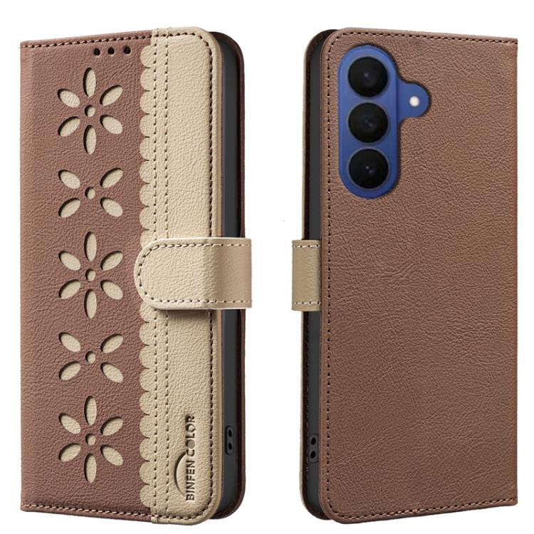 Splicing Color Hollow Flower Pattern RFID Leather Phone Case, For Samsung Galaxy S26 Ultra 5G, For Samsung Galaxy S26 5G, For Samsung Galaxy S25 FE 5G, For Samsung Galaxy S25 Edge 5G, For Samsung Galaxy S25 / S24 5G, For Samsung Galaxy S25+ / S24+ 5G  ...