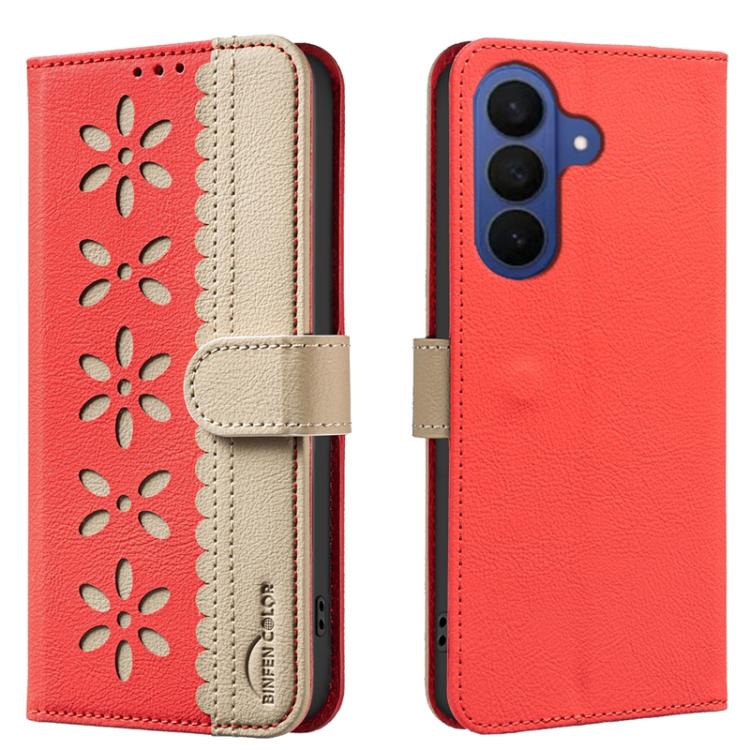 Splicing Color Hollow Flower Pattern RFID Leather Phone Case, For Samsung Galaxy S26 Ultra 5G, For Samsung Galaxy S26 5G, For Samsung Galaxy S25 FE 5G, For Samsung Galaxy S25 Edge 5G, For Samsung Galaxy S25 / S24 5G, For Samsung Galaxy S25+ / S24+ 5G  ...