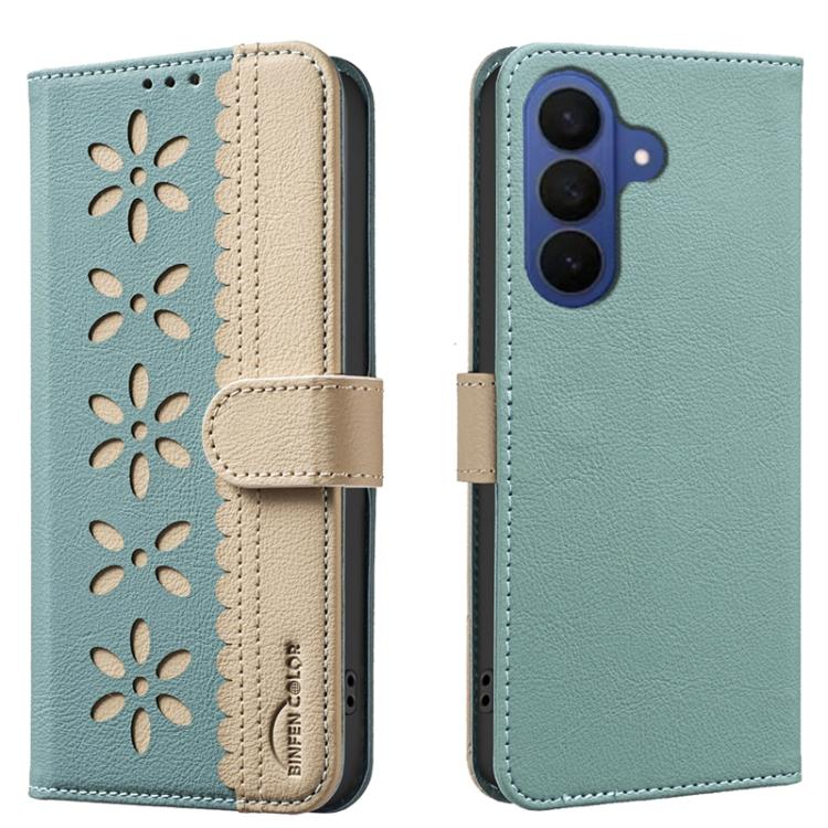Splicing Color Hollow Flower Pattern RFID Leather Phone Case, For Samsung Galaxy S26 Ultra 5G, For Samsung Galaxy S26 5G, For Samsung Galaxy S25 FE 5G, For Samsung Galaxy S25 Edge 5G, For Samsung Galaxy S25 / S24 5G, For Samsung Galaxy S25+ / S24+ 5G  ...