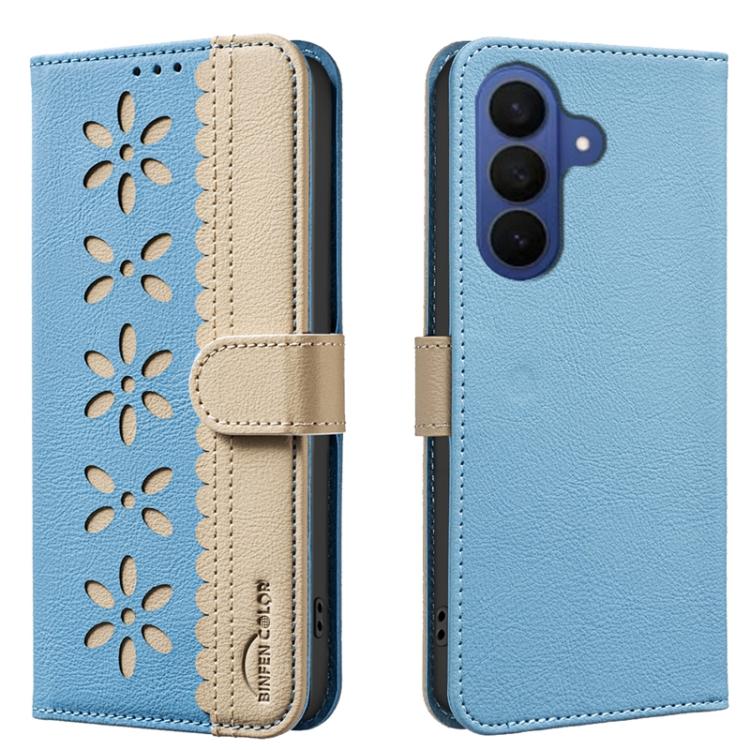 Splicing Color Hollow Flower Pattern RFID Leather Phone Case, For Samsung Galaxy S26 Ultra 5G, For Samsung Galaxy S26 5G, For Samsung Galaxy S25 FE 5G, For Samsung Galaxy S25 Edge 5G, For Samsung Galaxy S25 / S24 5G, For Samsung Galaxy S25+ / S24+ 5G  ...