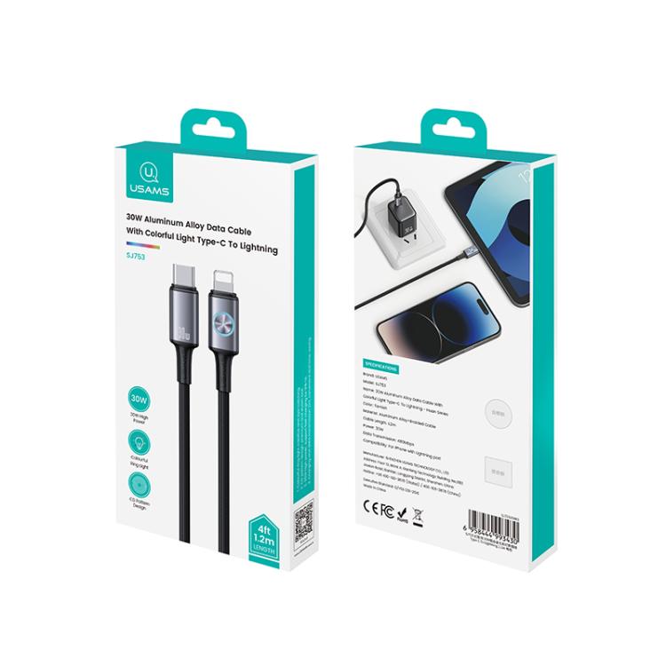 USAMS SJ753 30W Type-C to 8 Pin Aluminum Alloy Data Cable with Colorful Light, Length: 1.2m