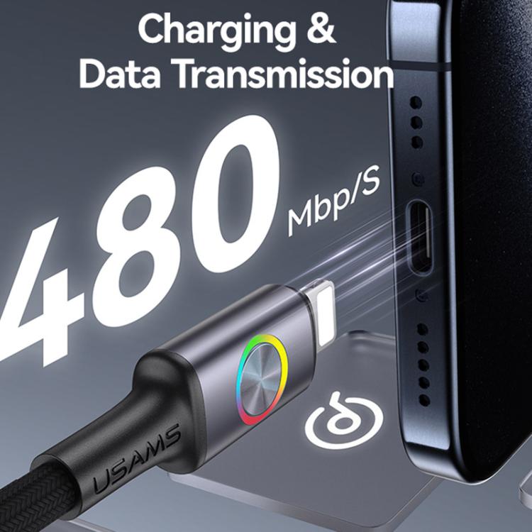 USAMS SJ753 30W Type-C to 8 Pin Aluminum Alloy Data Cable with Colorful Light, Length: 1.2m