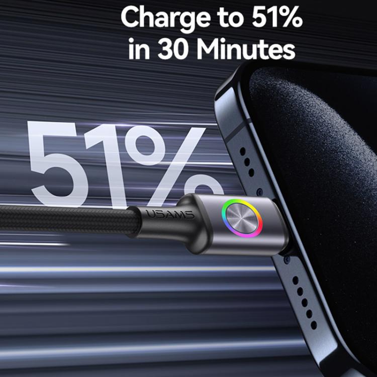 USAMS SJ753 30W Type-C to 8 Pin Aluminum Alloy Data Cable with Colorful Light, Length: 1.2m