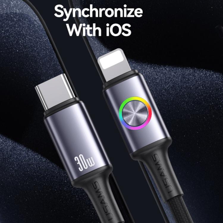 USAMS SJ753 30W Type-C to 8 Pin Aluminum Alloy Data Cable with Colorful Light, Length: 1.2m