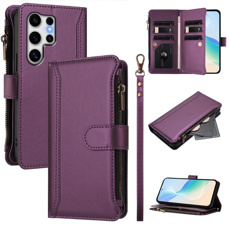 Magnetic Closure 9 Card Slots Zipper Leather Case with Hand Strap, For Samsung Galaxy S26+ 5G, For Samsung Galaxy S26 Edge 5G, For Samsung Galaxy S26 Ultra 5G, For Samsung Galaxy S26 5G, For Samsung Galaxy S25 Edge 5G, For Samsung Galaxy S25 / S24 5G  ...