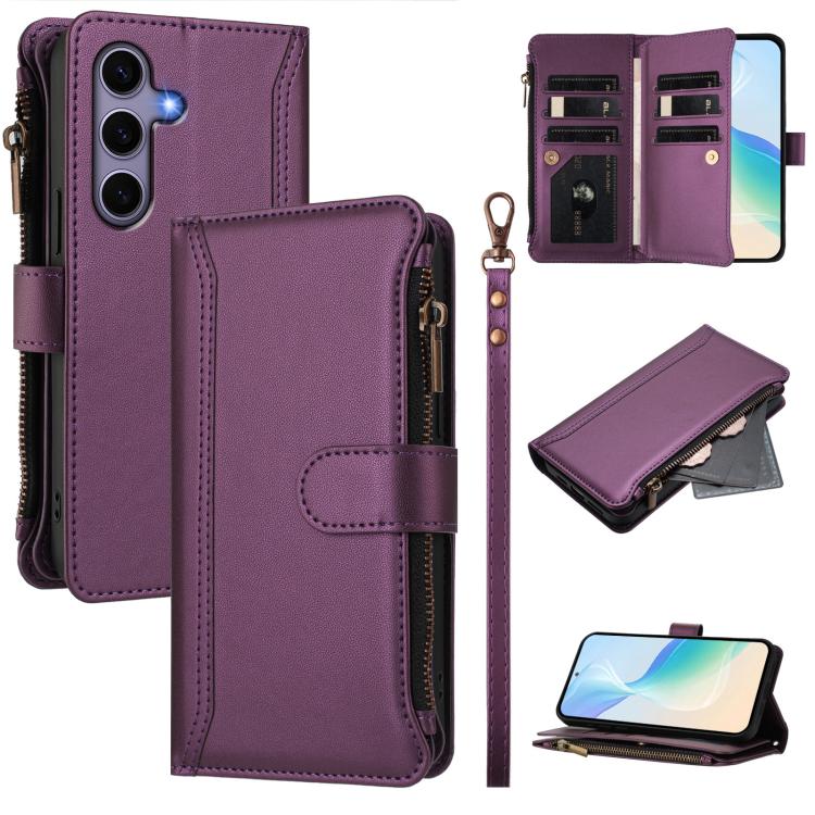 Magnetic Closure 9 Card Slots Zipper Leather Case with Hand Strap, For Samsung Galaxy S26+ 5G, For Samsung Galaxy S26 Edge 5G, For Samsung Galaxy S26 Ultra 5G, For Samsung Galaxy S26 5G, For Samsung Galaxy S25 Edge 5G, For Samsung Galaxy S25 / S24 5G  ...